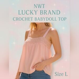 Lucky Brand Pink Crochet Babydoll Tank Top Cotton Size L NWT Pastel Top
